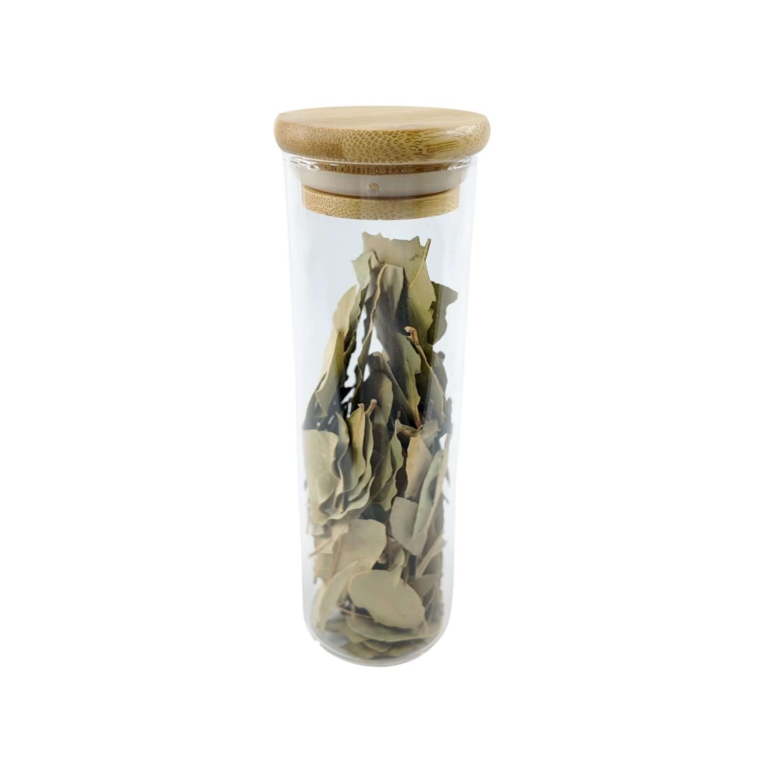 Clear 250ml glass spice jar with a natural bamboo lid and airtight silicone seal — view 3