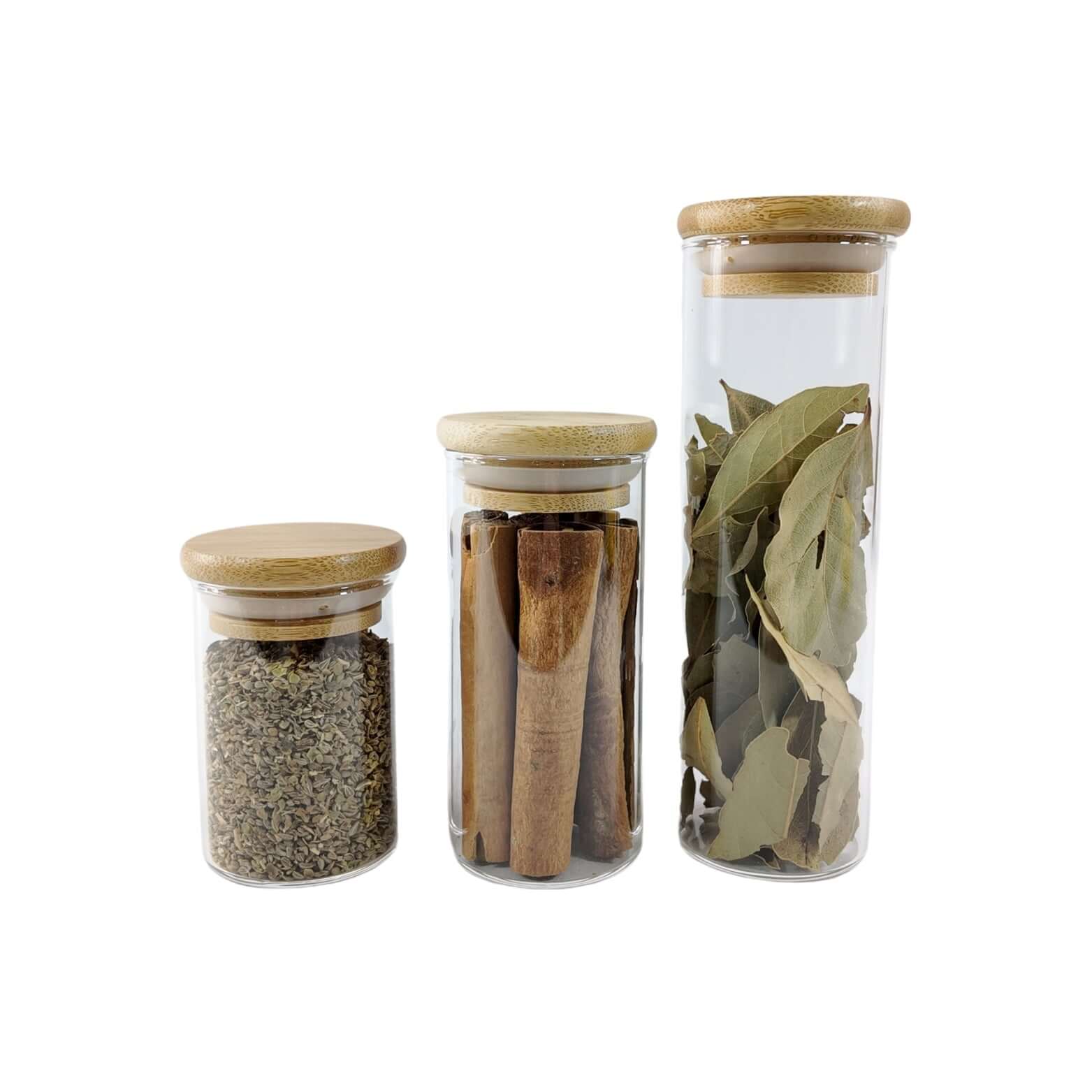 Clear 250ml glass spice jar with a natural bamboo lid and airtight silicone seal — view 4