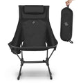 High back ultralight folding camping chair with side storage pouch and comfortable cushion.