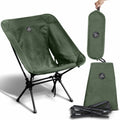 Army green ultralight folding camping chair with aluminum frame and black storage pouch