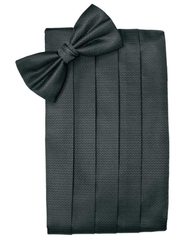 Men's herringbone patterned cummerbund and bow tie set in premium woven satin material — view 3