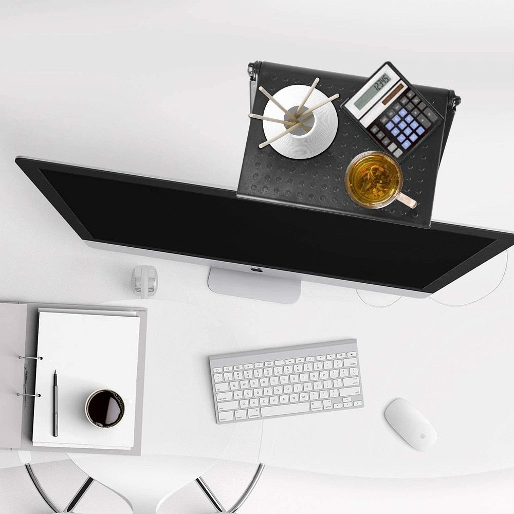 Adjustable screen top storage shelf for computer monitors and TVs in sleek ABS plastic
