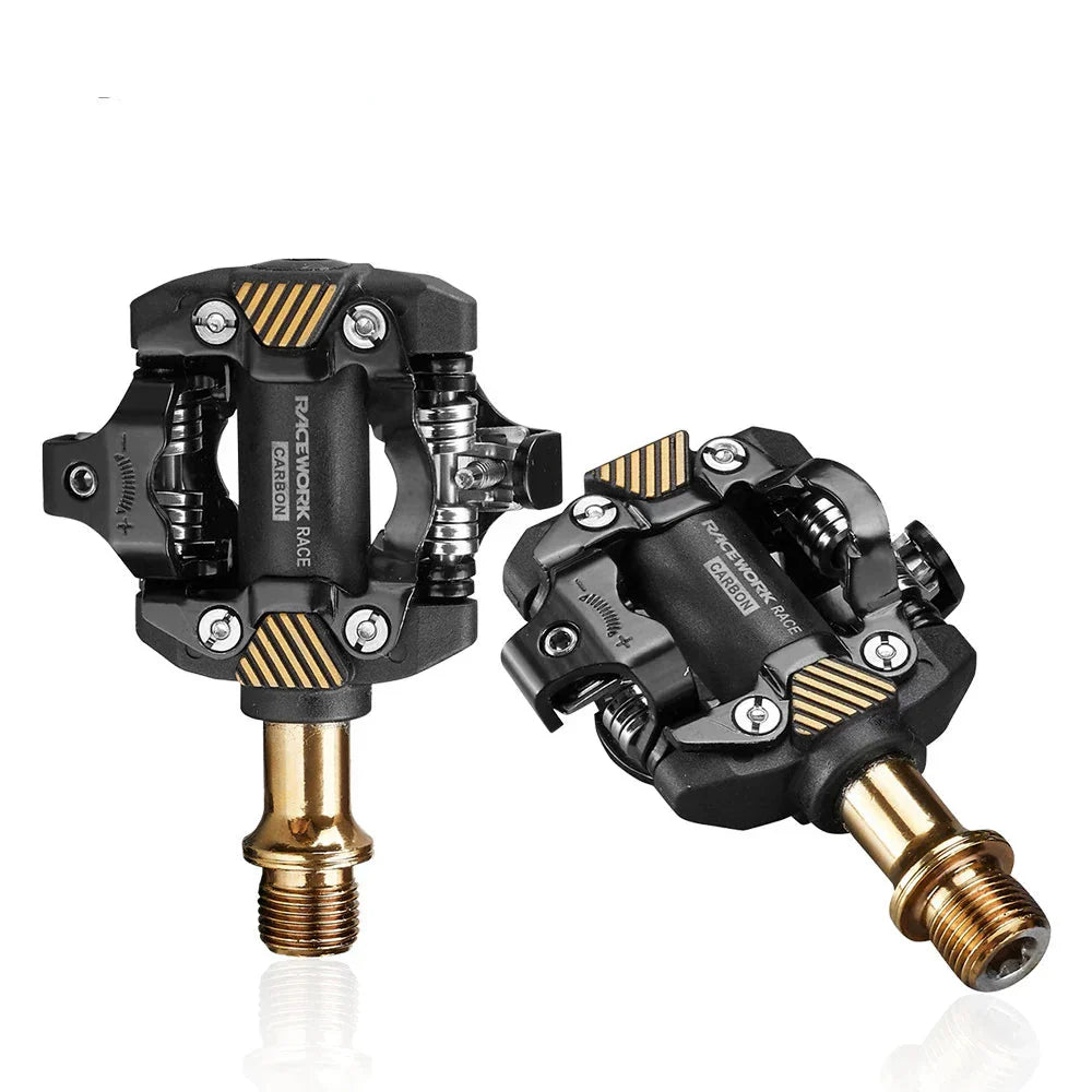 Gold and black carbon composite self-locking SPD mountain bike pedals with chrome steel axles — view 2