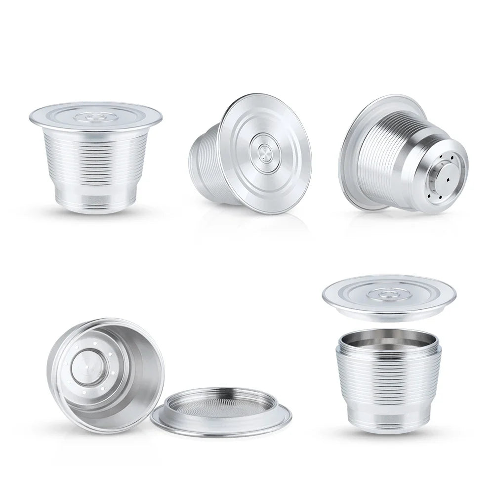 Steel reusable Nespresso pod in silver stainless steel, with included metal tamper spoon for espresso machines — view 2