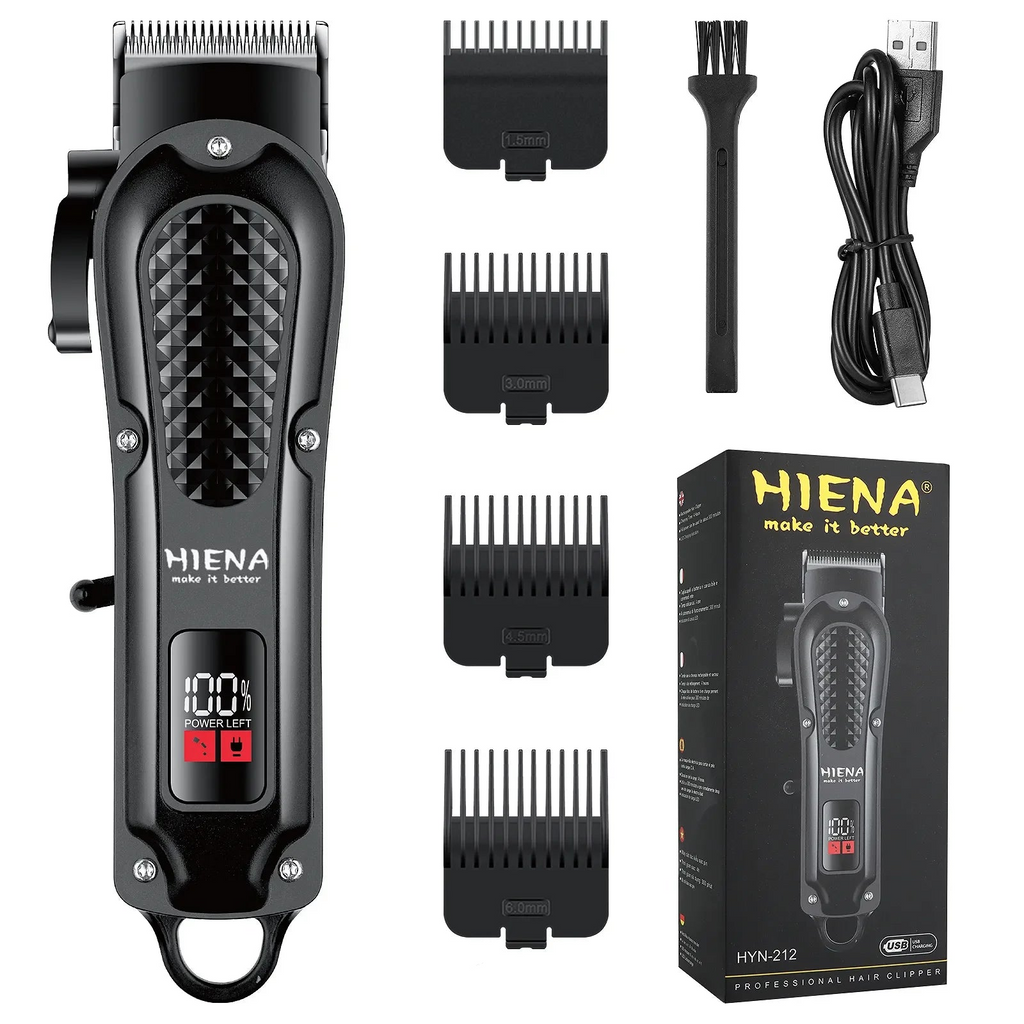 Black cordless electric hair clipper and beard trimmer with stainless steel blades and USB charging cable