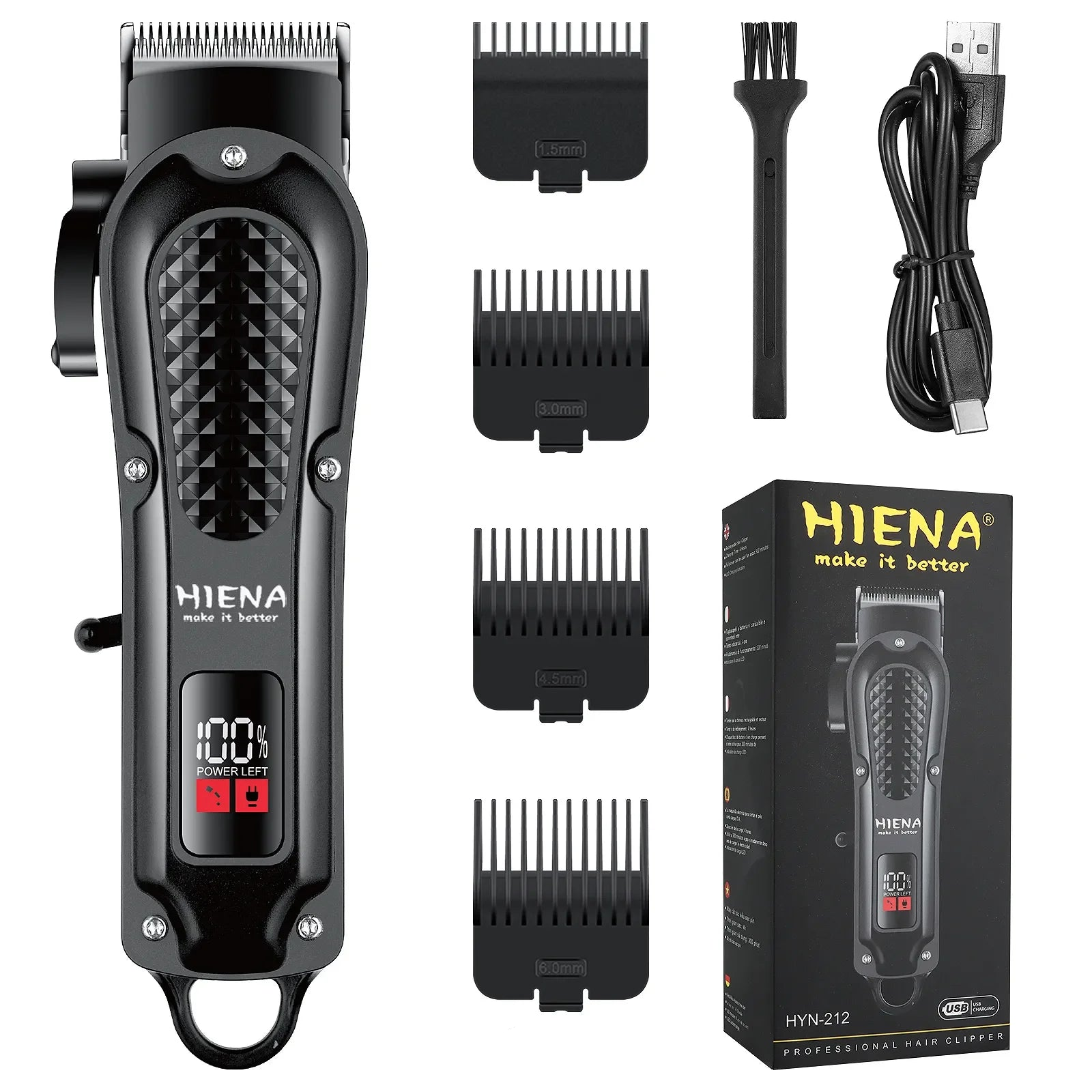 Black cordless electric hair clipper and beard trimmer with stainless steel blades and USB charging cable