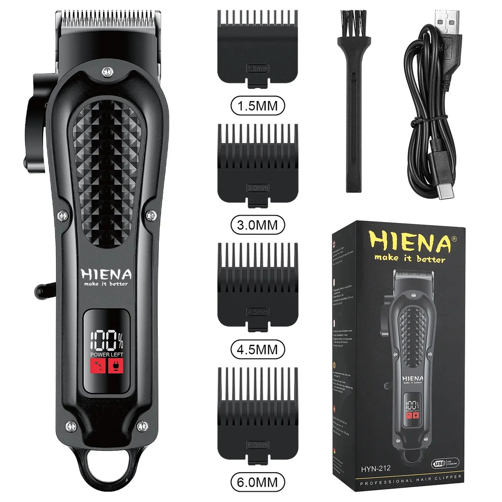 Black cordless electric hair clipper and beard trimmer with stainless steel blades and USB charging cable — view 3