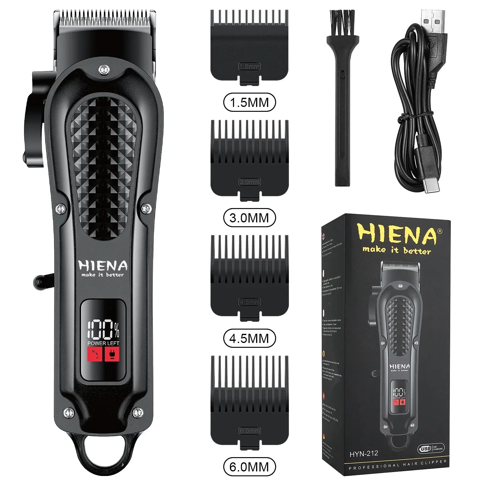Black cordless electric hair clipper and beard trimmer with stainless steel blades and USB charging cable — view 3