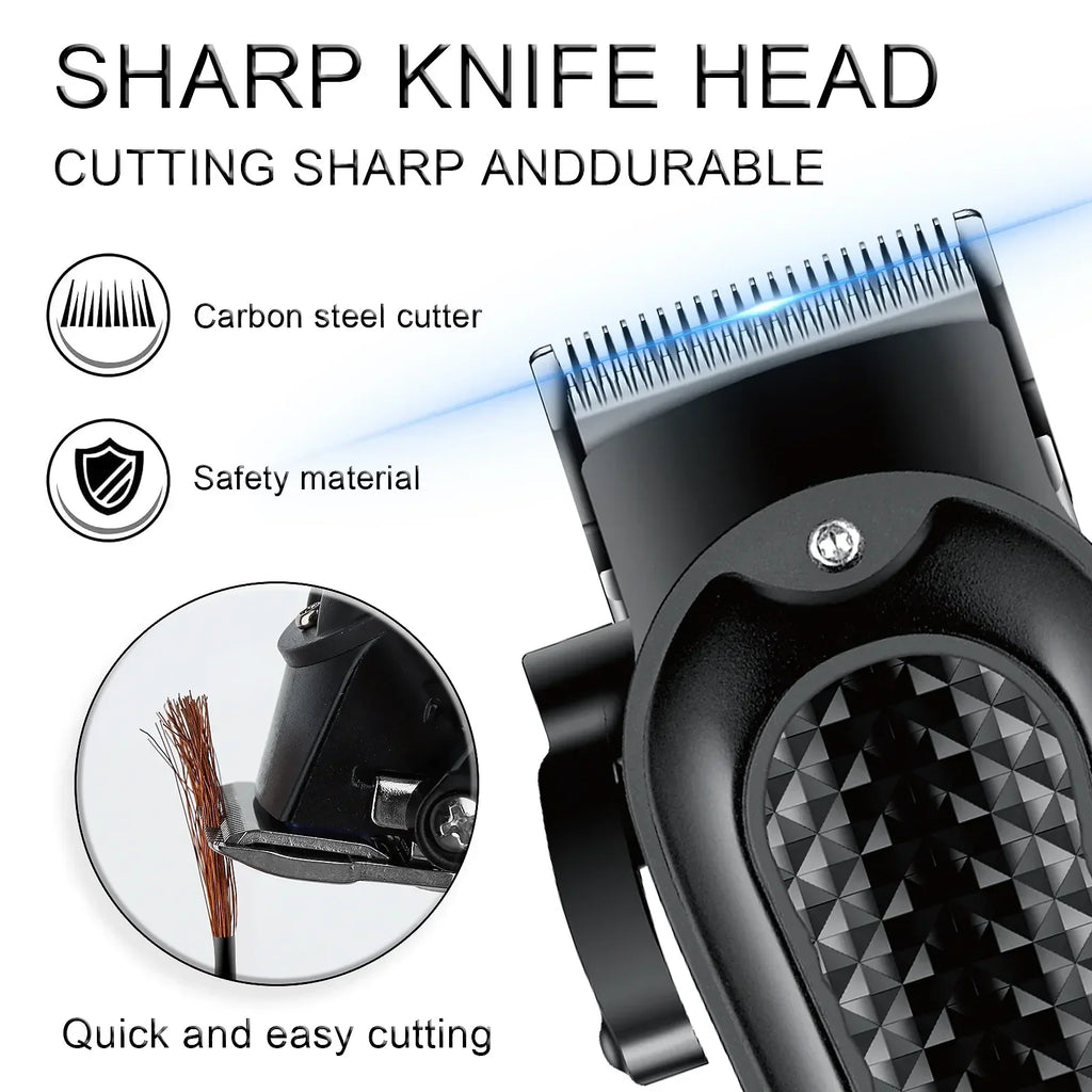 Black cordless electric hair clipper and beard trimmer with stainless steel blades and USB charging cable — view 5