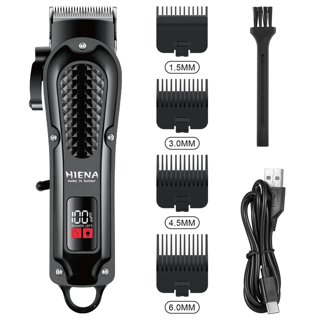 Black cordless electric hair clipper and beard trimmer with stainless steel blades and USB charging cable — view 2