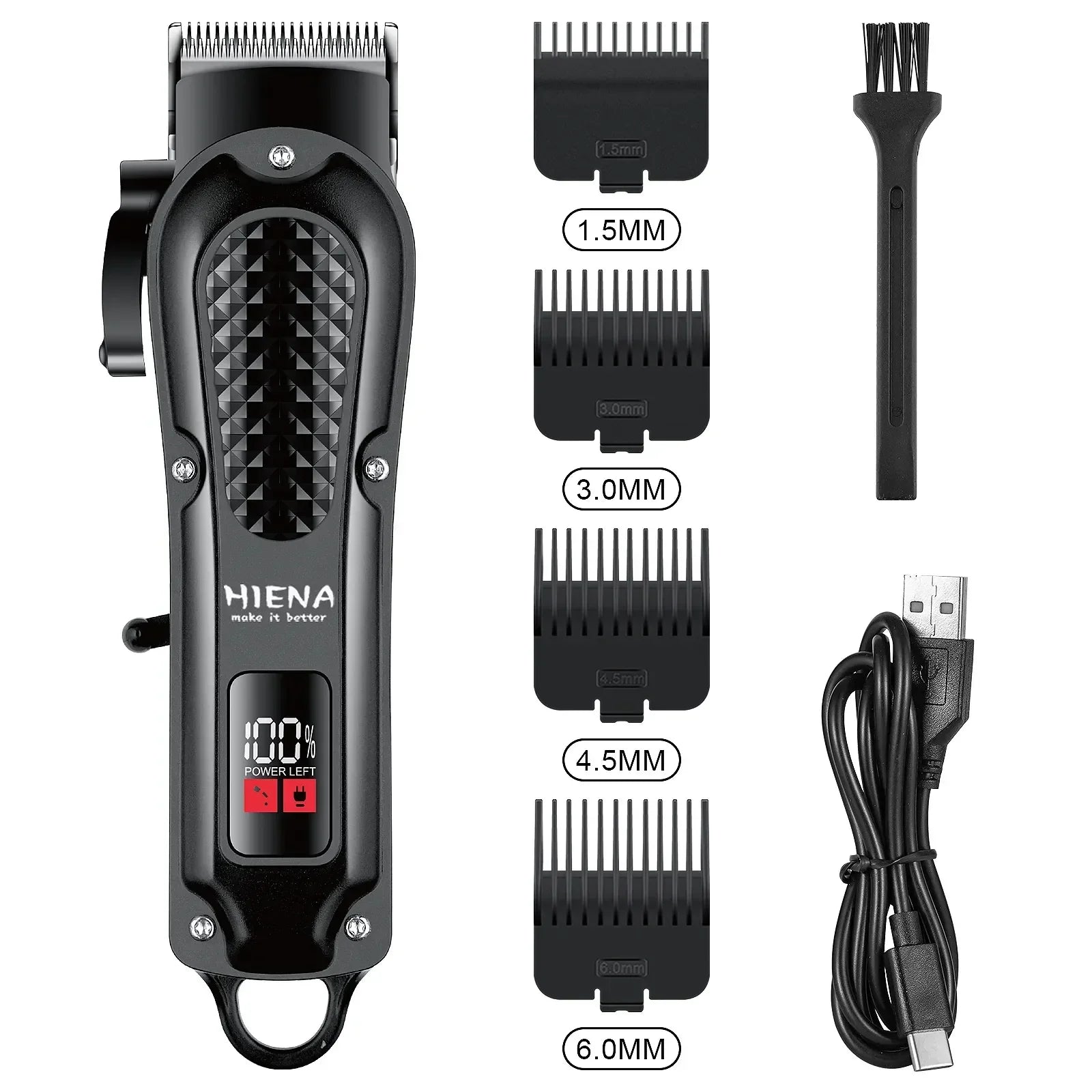 Black cordless electric hair clipper and beard trimmer with stainless steel blades and USB charging cable — view 2