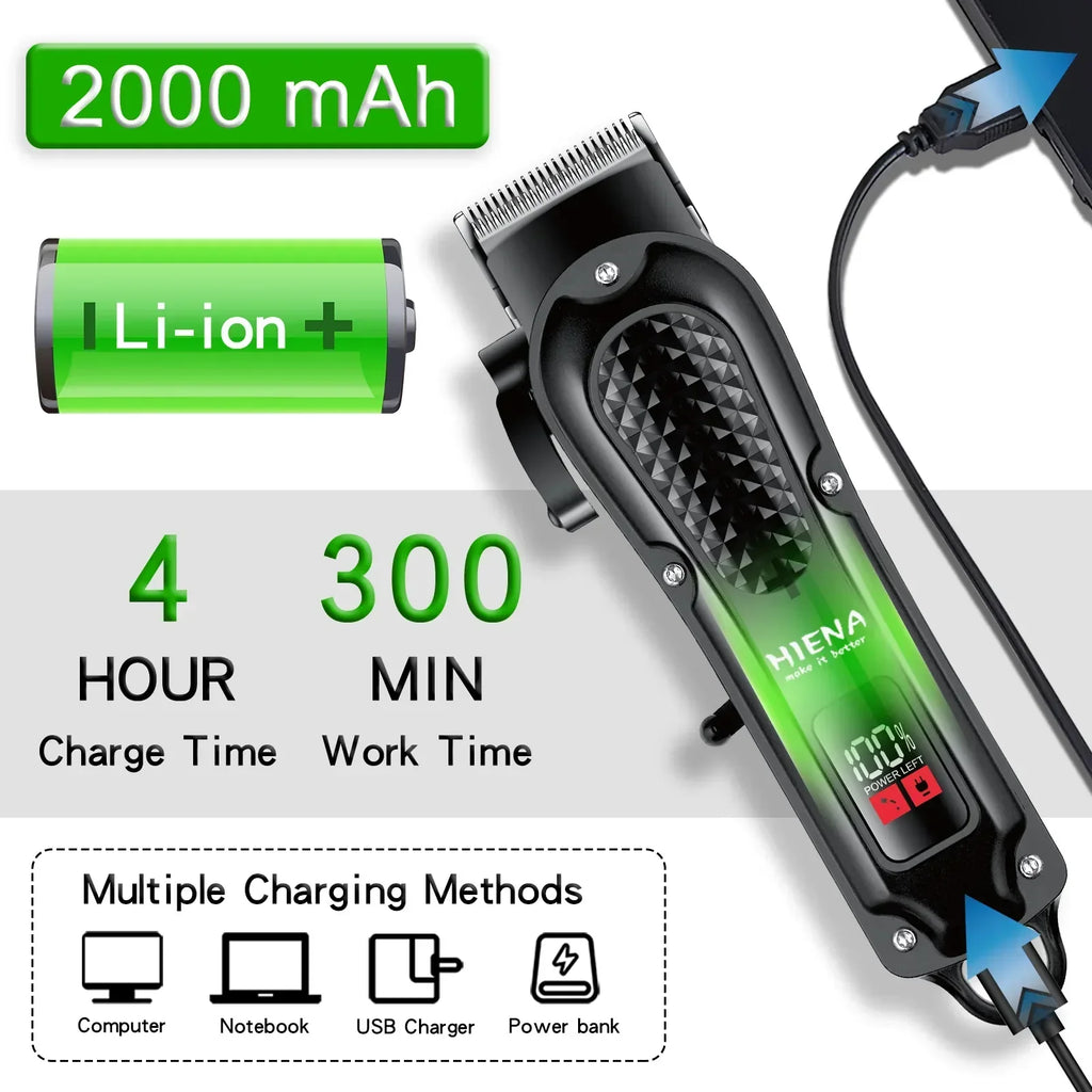Black cordless electric hair clipper and beard trimmer with stainless steel blades and USB charging cable — view 4