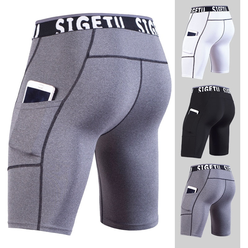 Men's dry fit athletic running shorts with phone pocket in stretch polyester and spandex fabric