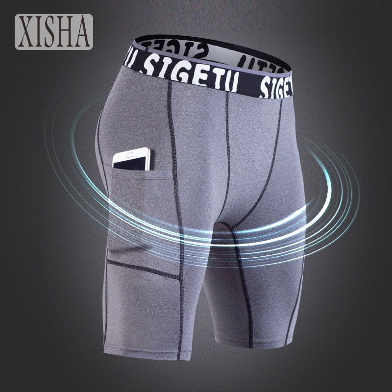 Men's dry fit athletic running shorts with phone pocket in stretch polyester and spandex fabric — view 3