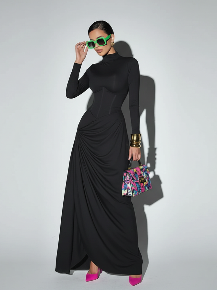 Waist-cinched high slit evening dress in brown featuring long sleeves and an asymmetrical skirt — view 2