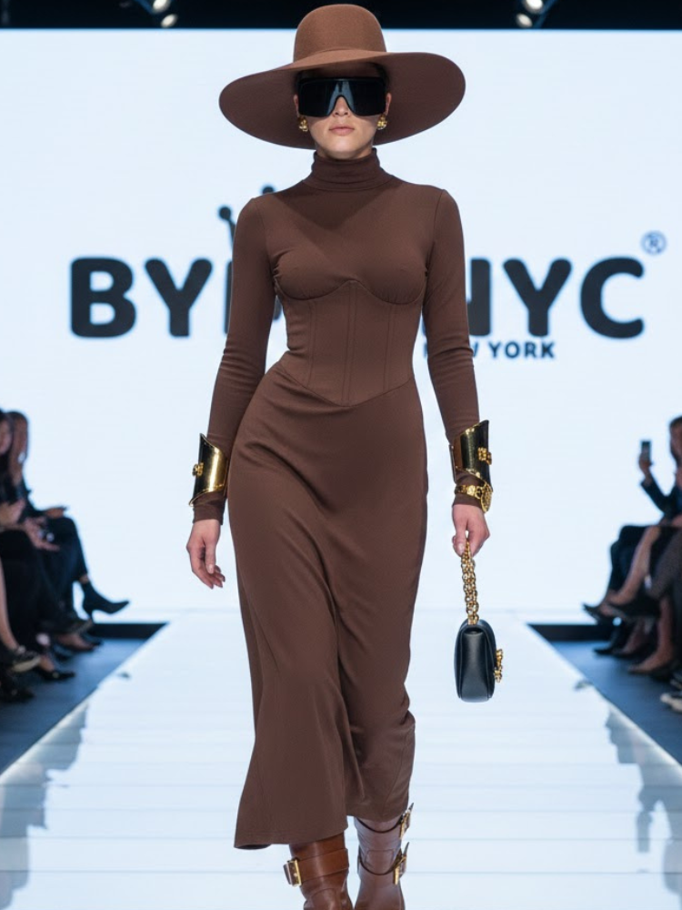 Waist-cinched high slit evening dress in brown featuring long sleeves and an asymmetrical skirt