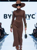 Waist-cinched high slit evening dress in brown featuring long sleeves and an asymmetrical skirt