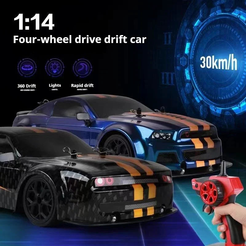 High-speed 1/14 scale RC drift racing car with remote controller and interchangeable rubber wheels — view 2