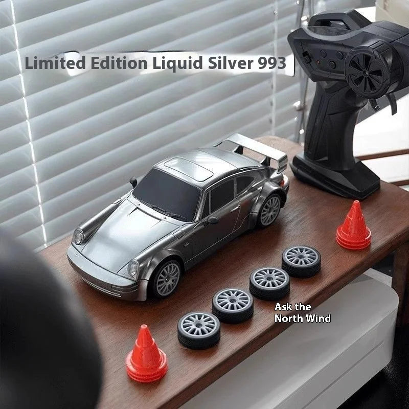 High-speed 1/20 scale RC drift car in durable plastic with remote controller, battery, and road barriers — view 4