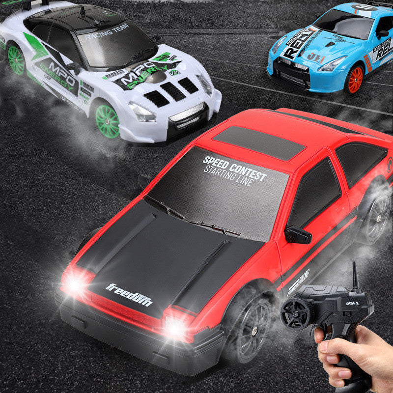 High-Speed 2.4G 4WD RC drift car toy in durable plastic with racing tires and traffic cones