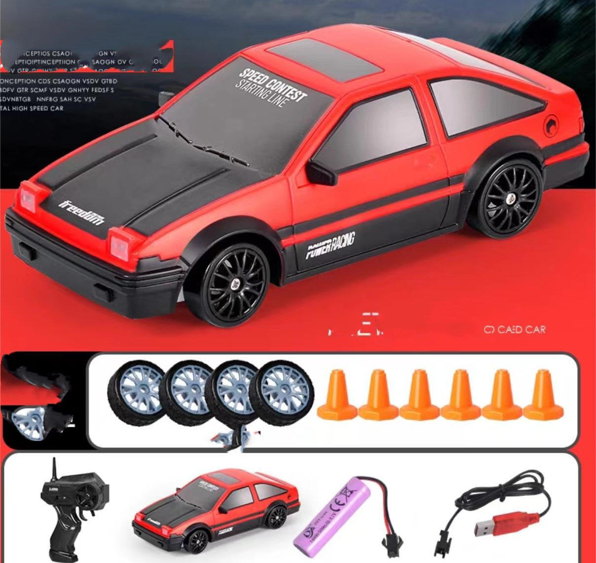 High-Speed 2.4G 4WD RC drift car toy in durable plastic with racing tires and traffic cones — view 2