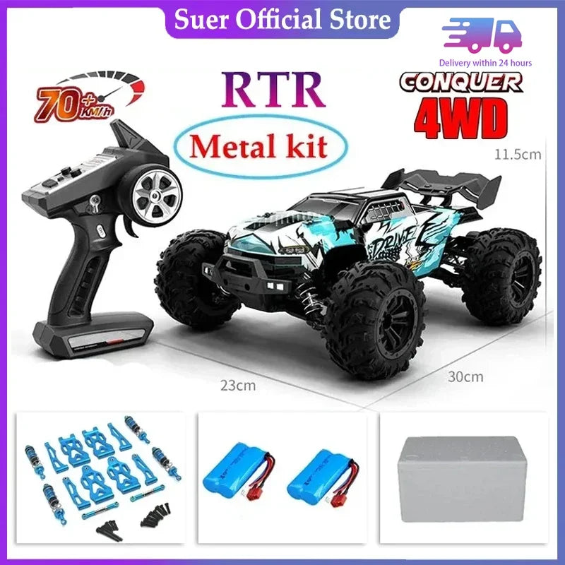 High-speed 1:16 RC monster truck in durable off-road design with bright LED headlights