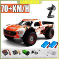 High-speed 1:16 4WD remote control car with rugged tires, suspension, and bright LED lighting.