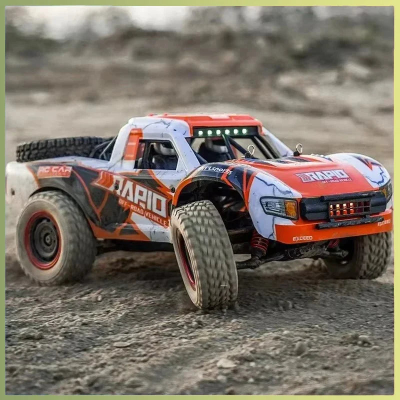 High-speed 1:16 4WD remote control car with rugged tires, suspension, and bright LED lighting. — view 2