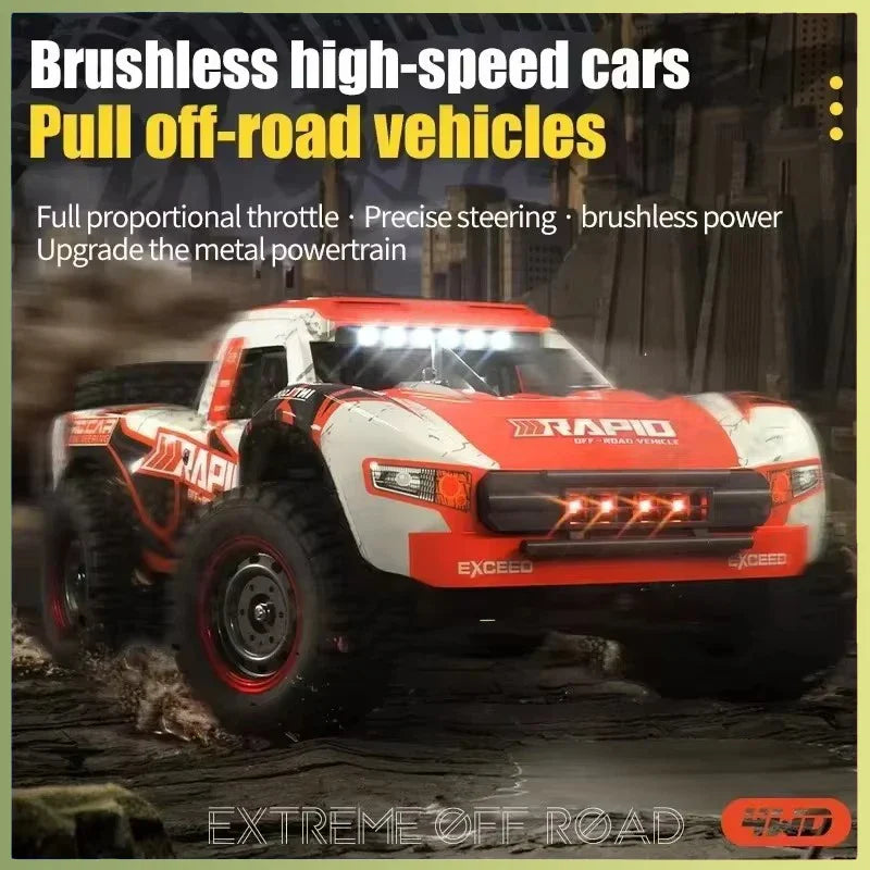 High-speed 1:16 4WD remote control car with rugged tires, suspension, and bright LED lighting. — view 3