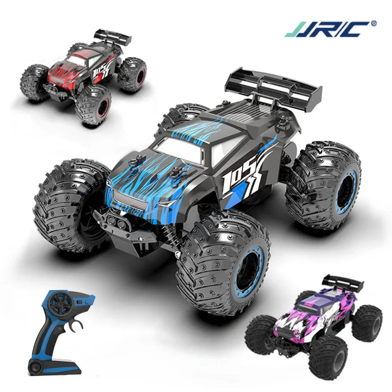 High-speed 1:18 scale remote control monster truck with off-road tires and colorful LED lights