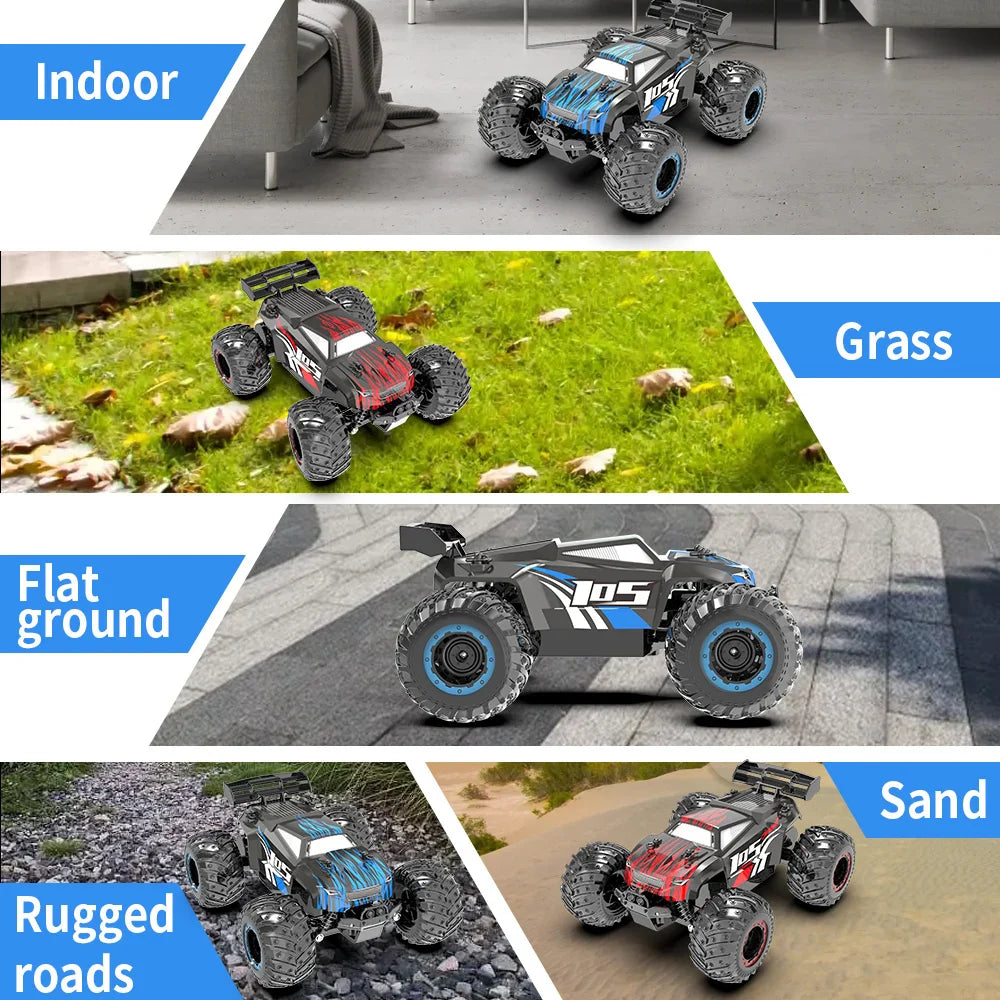 High-speed 1:18 scale remote control monster truck with off-road tires and colorful LED lights — view 2