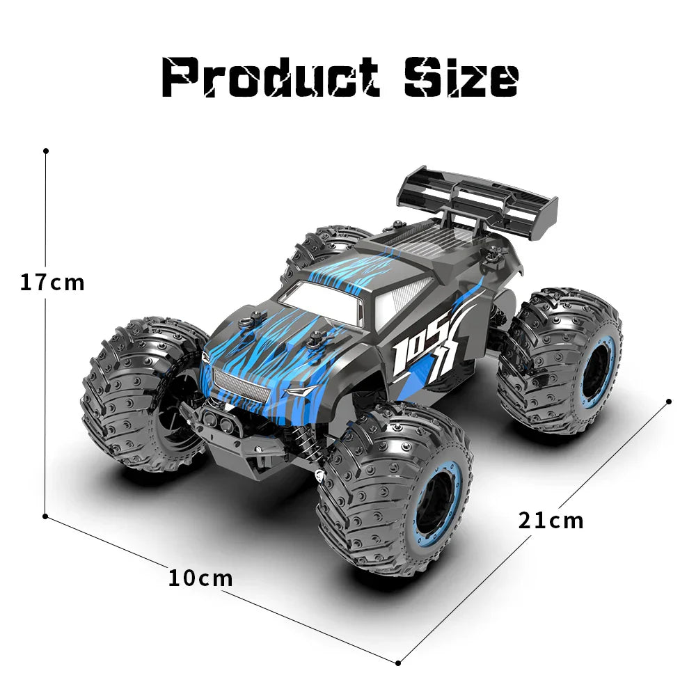 High-speed 1:18 scale remote control monster truck with off-road tires and colorful LED lights — view 3