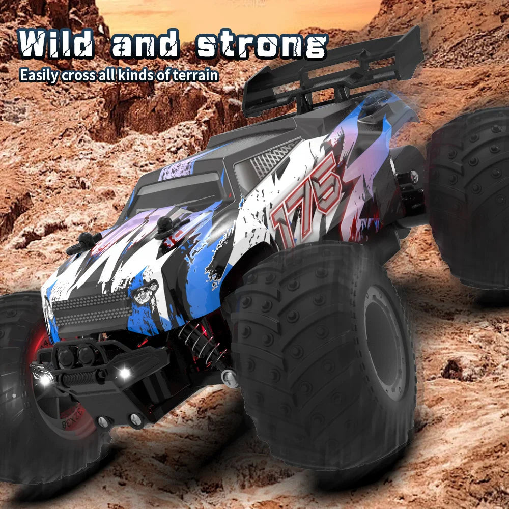High-speed 1:18 scale remote control monster truck with off-road tires and colorful LED lights — view 4