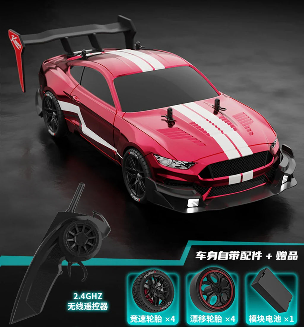 High-Speed 1:14 4WD Mustang RC drift car in aggressive styling with functional front headlights