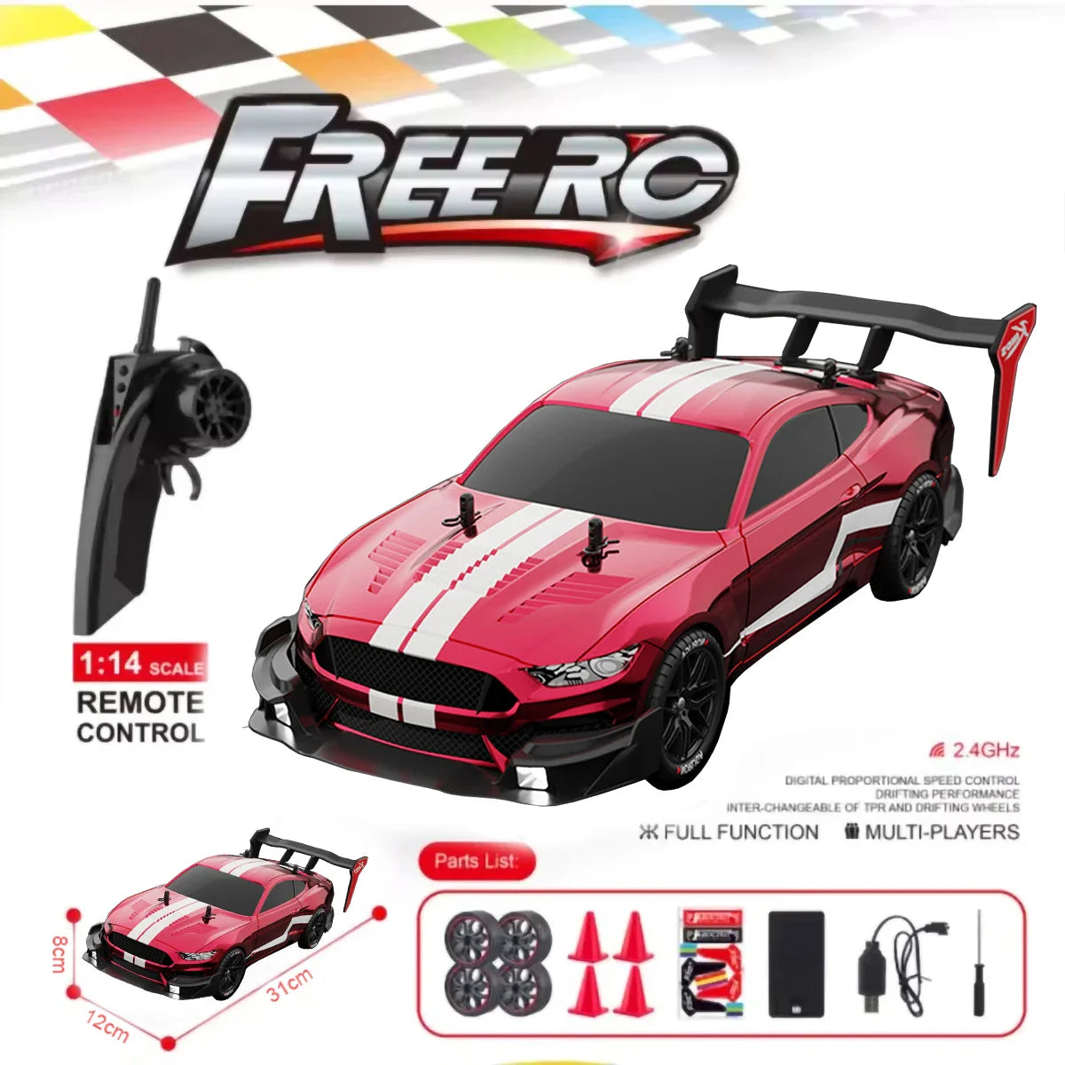 High-Speed 1:14 4WD Mustang RC drift car in aggressive styling with functional front headlights — view 2