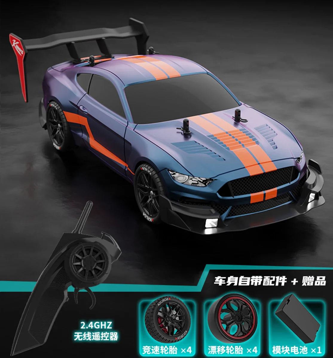 High-Speed 1:14 4WD Mustang RC drift car in aggressive styling with functional front headlights — view 3