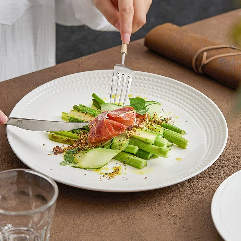 Braided rim white ceramic dinner plate with an embossed textured edge made of high-fired porcelain — view 3
