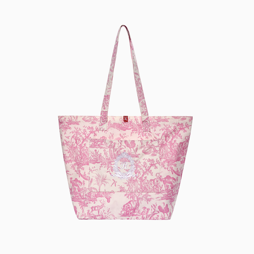 French Toile de Jouy premium cotton tote bag with pastoral motif and front pocket — view 2