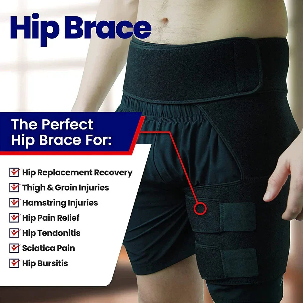 Black adjustable hip and thigh compression sleeve with strong velcro straps for injury recovery. — view 4