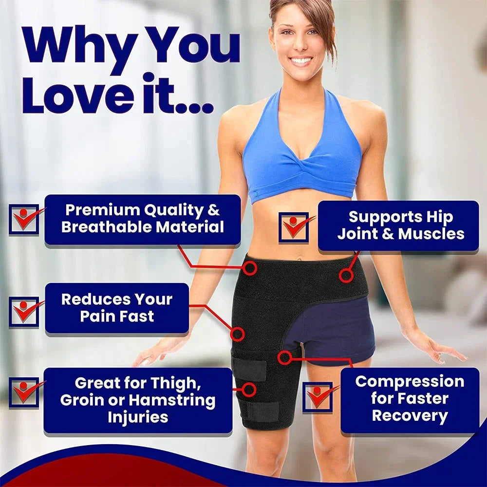 Black adjustable hip and thigh compression sleeve with strong velcro straps for injury recovery. — view 2