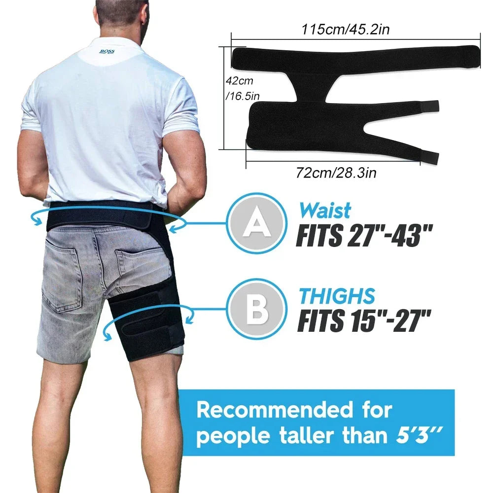 Black adjustable hip and thigh compression sleeve with strong velcro straps for injury recovery. — view 3