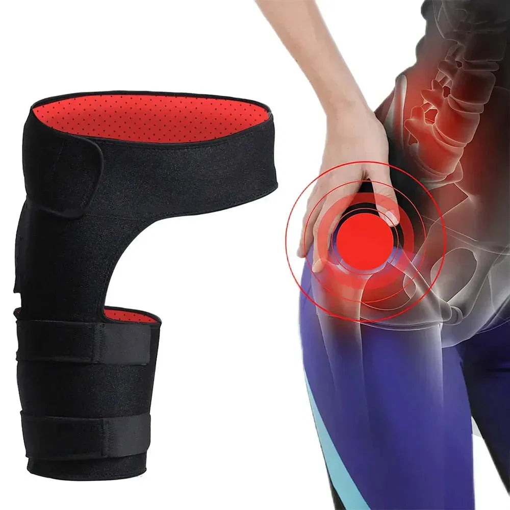 Black adjustable hip and thigh compression sleeve with strong velcro straps for injury recovery.