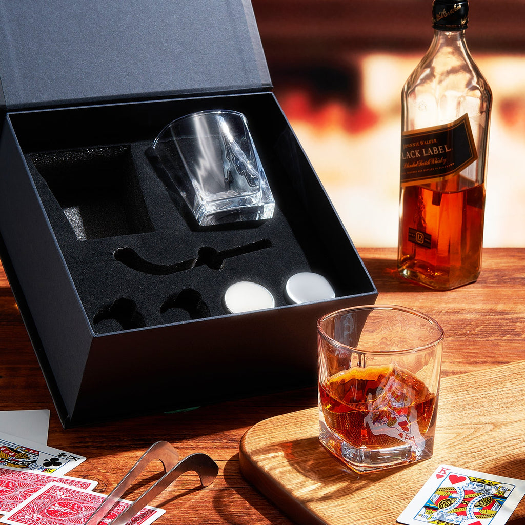 7-piece stainless steel hockey puck whiskey stones set with glasses and stick tongs — view 2