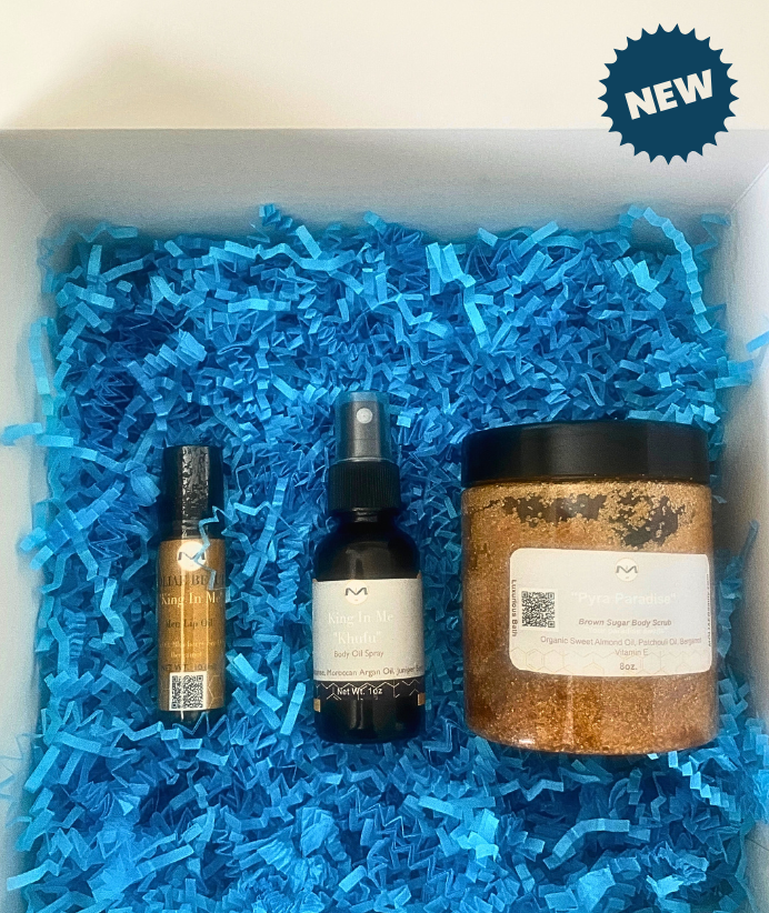 Khufu men's self-care gift kit featuring body oil spray, lip oil, and brown sugar scrub