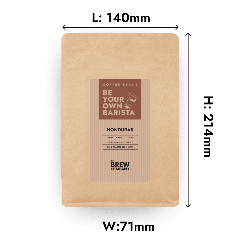Whole Honduras coffee beans in eco-friendly kraft paper packaging on a table — view 2