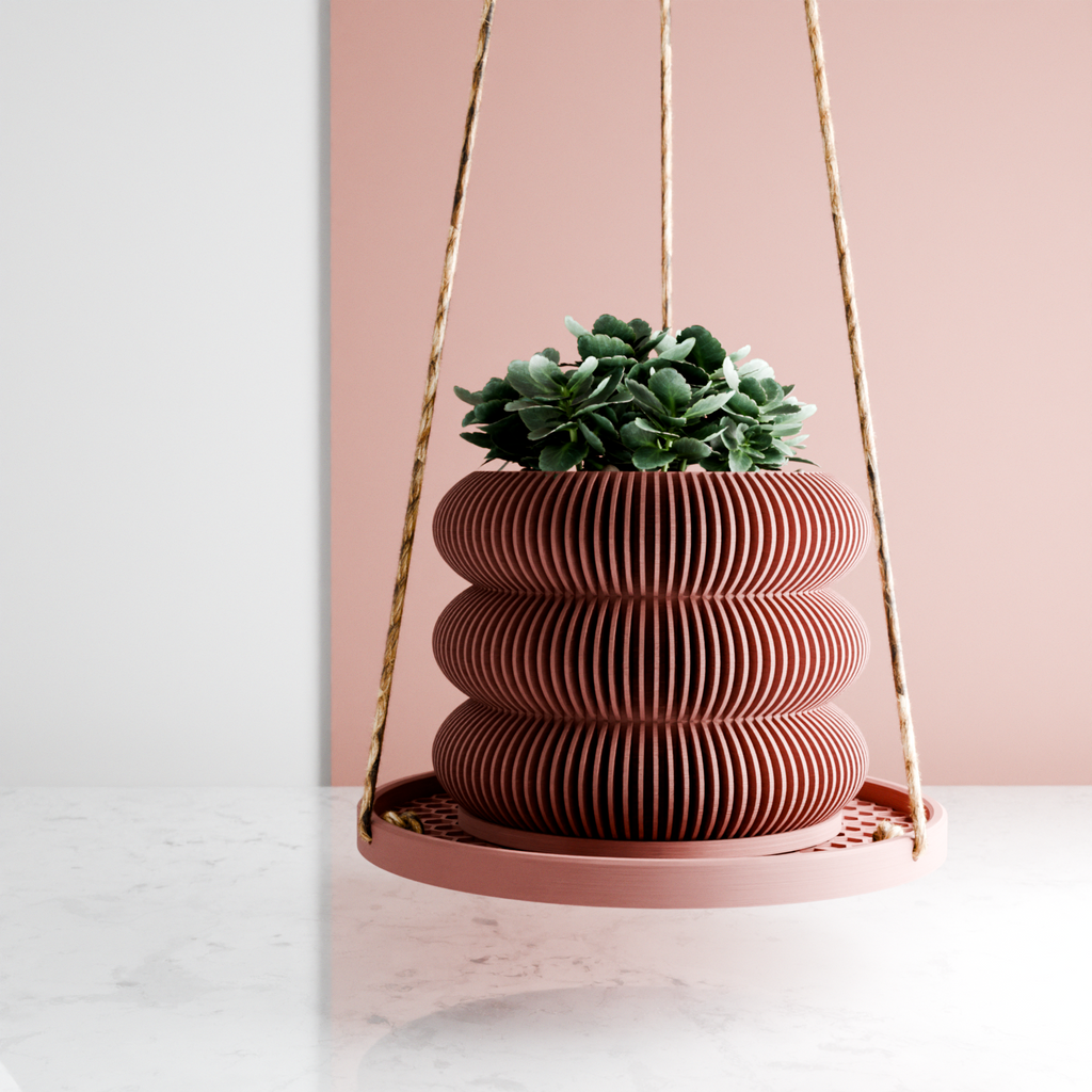 Geometric honeycomb hanging plant pot tray made of wood fibers featuring premium hemp suspension cord — view 3