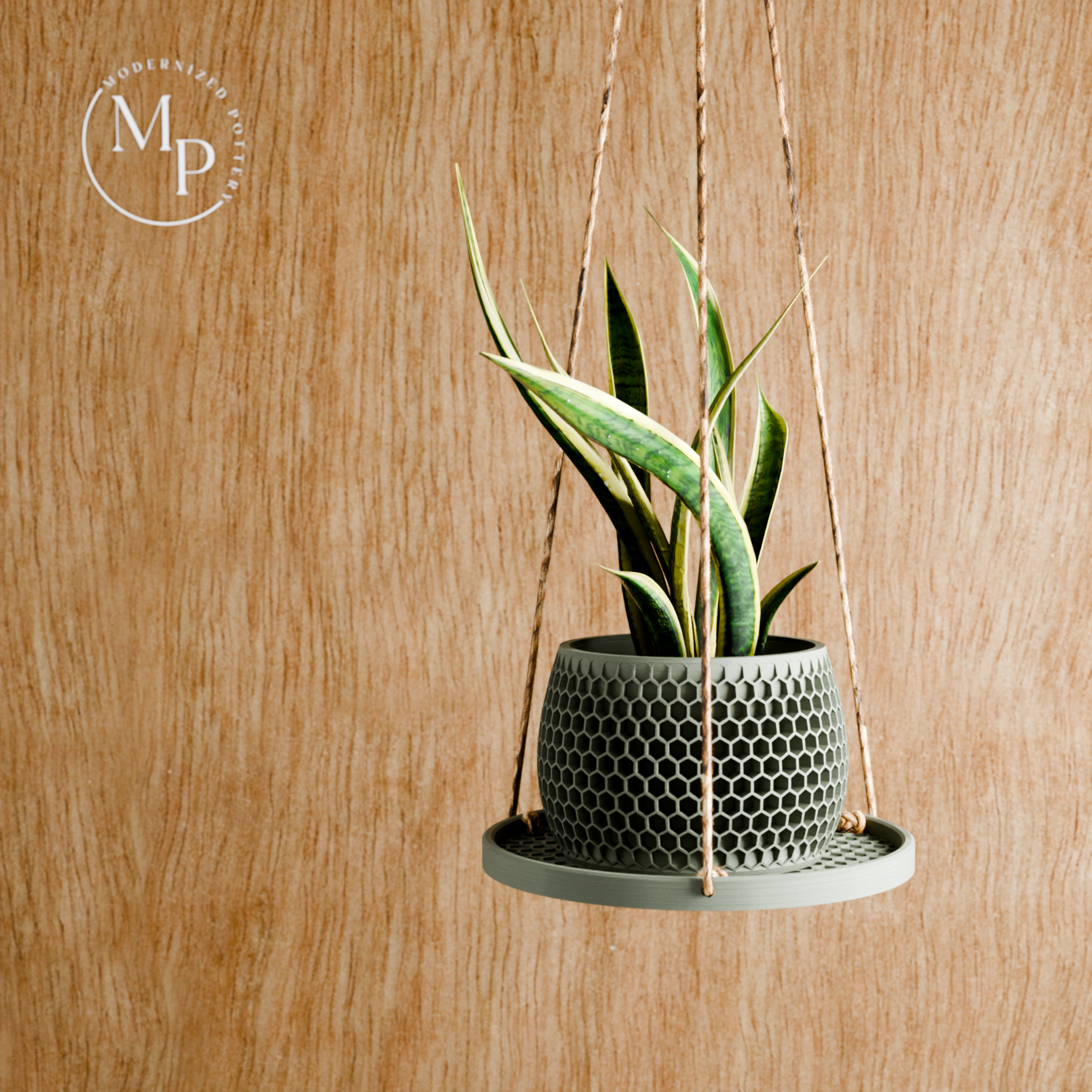 Geometric honeycomb hanging plant pot tray made of wood fibers featuring premium hemp suspension cord — view 2