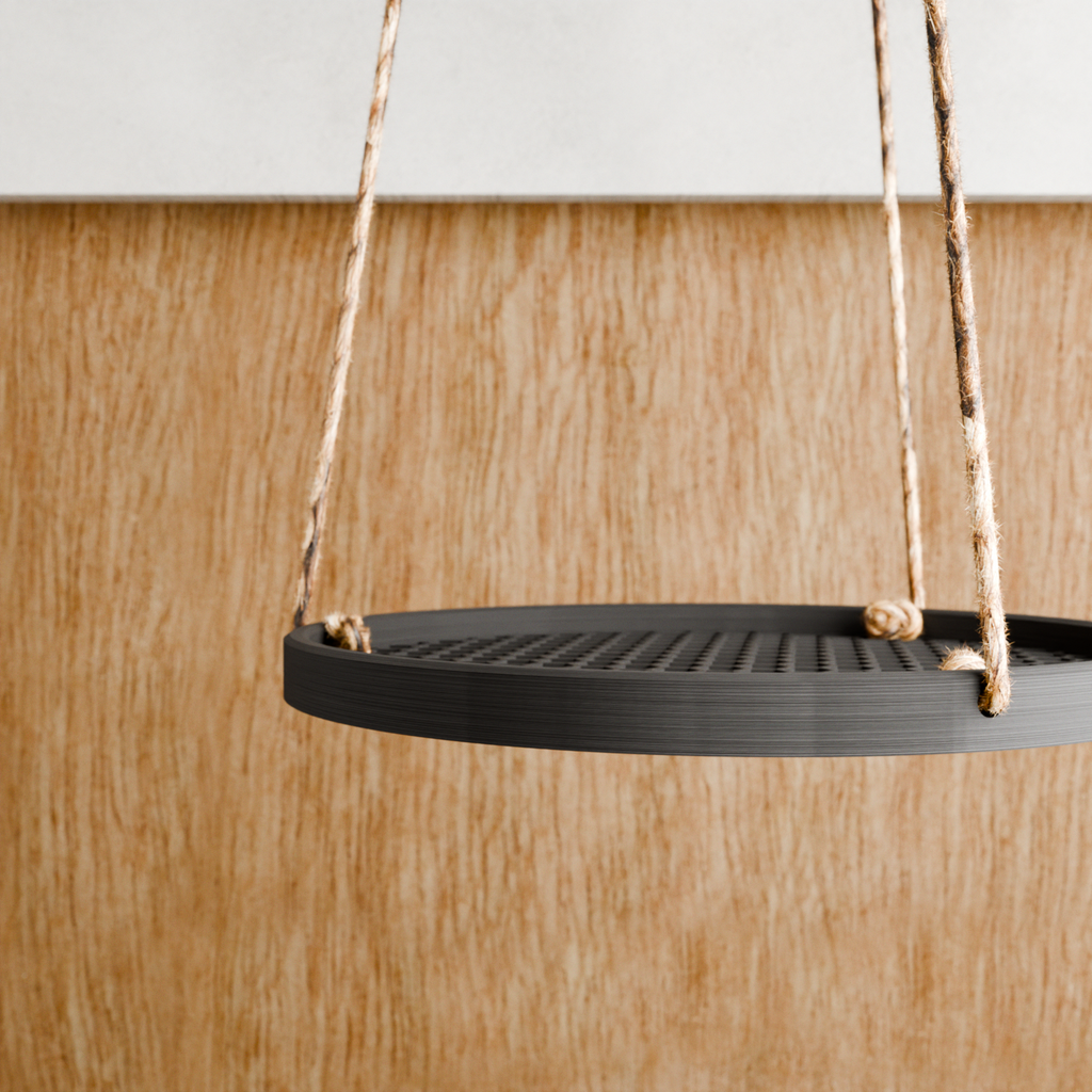 Geometric honeycomb hanging plant pot tray made of wood fibers featuring premium hemp suspension cord — view 4