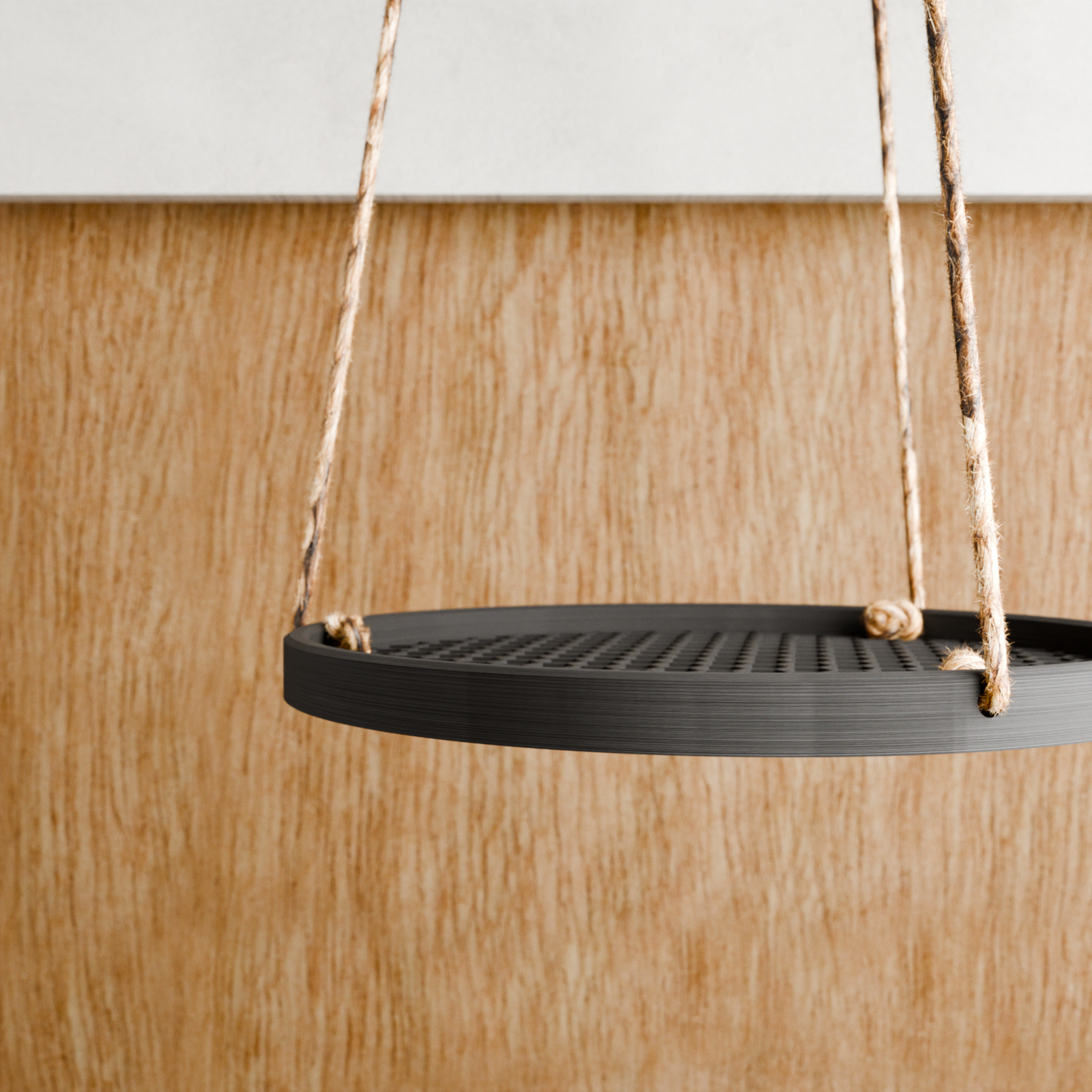 Geometric honeycomb hanging plant pot tray made of wood fibers featuring premium hemp suspension cord — view 4