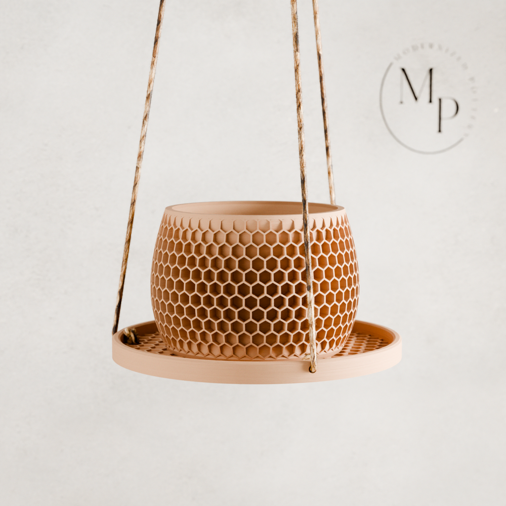 Geometric honeycomb hanging plant pot tray made of wood fibers featuring premium hemp suspension cord — view 5